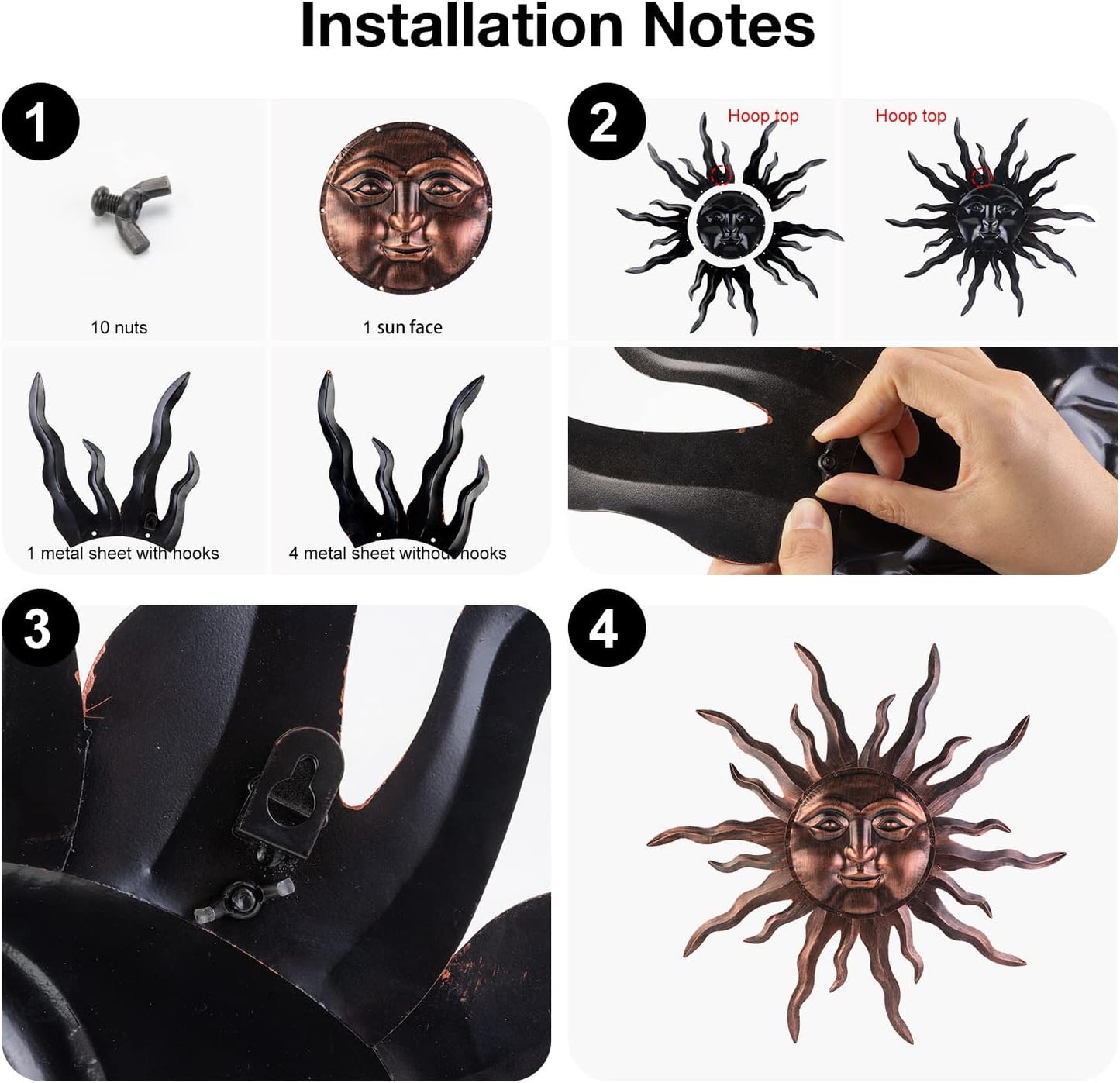 VZVXCC Large Metal Sun Wall Art Decor- 30 inches Sun Wall Hanging Decoration for Indoor Outdoor, 3D Sunshine Face Metal Wall Sculpture for Home Bedroom Living Room Office Garden Yard Patio(Bronze)