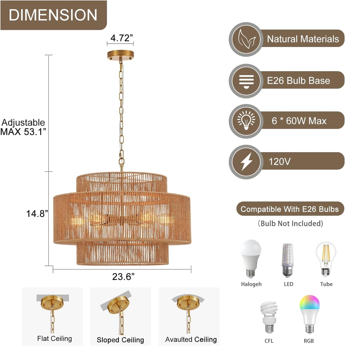 23.6" Rattan Chandelier Light Fixture Vintage 6-Lights Boho Hand-Woven Bamboo Chandeliers Retro Farmhouse 3-Tier Drum Wicker Rattan Golden Chandelier for Dining Room, Kitchen, Living Room
