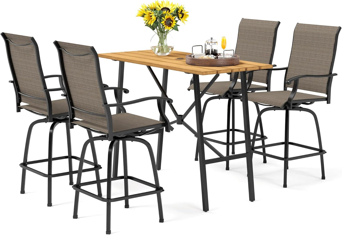 PHI VILLA Outdoor Patio Bar Set for 5, High Top Patio Bar Table and Chairs Set with 4 Patio Swivel Bar Stools & 40" Wooden-Like Steel Bar Height Table for Garden and Yard, Brown & Yellow