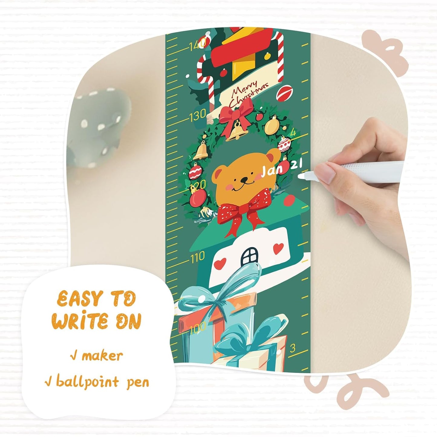 Personalized Name Growth Chart Wall Decor for Kids – Canvas Removable Height Chart Measuring Ruler 59" x 7.9" （Christmas Deer）