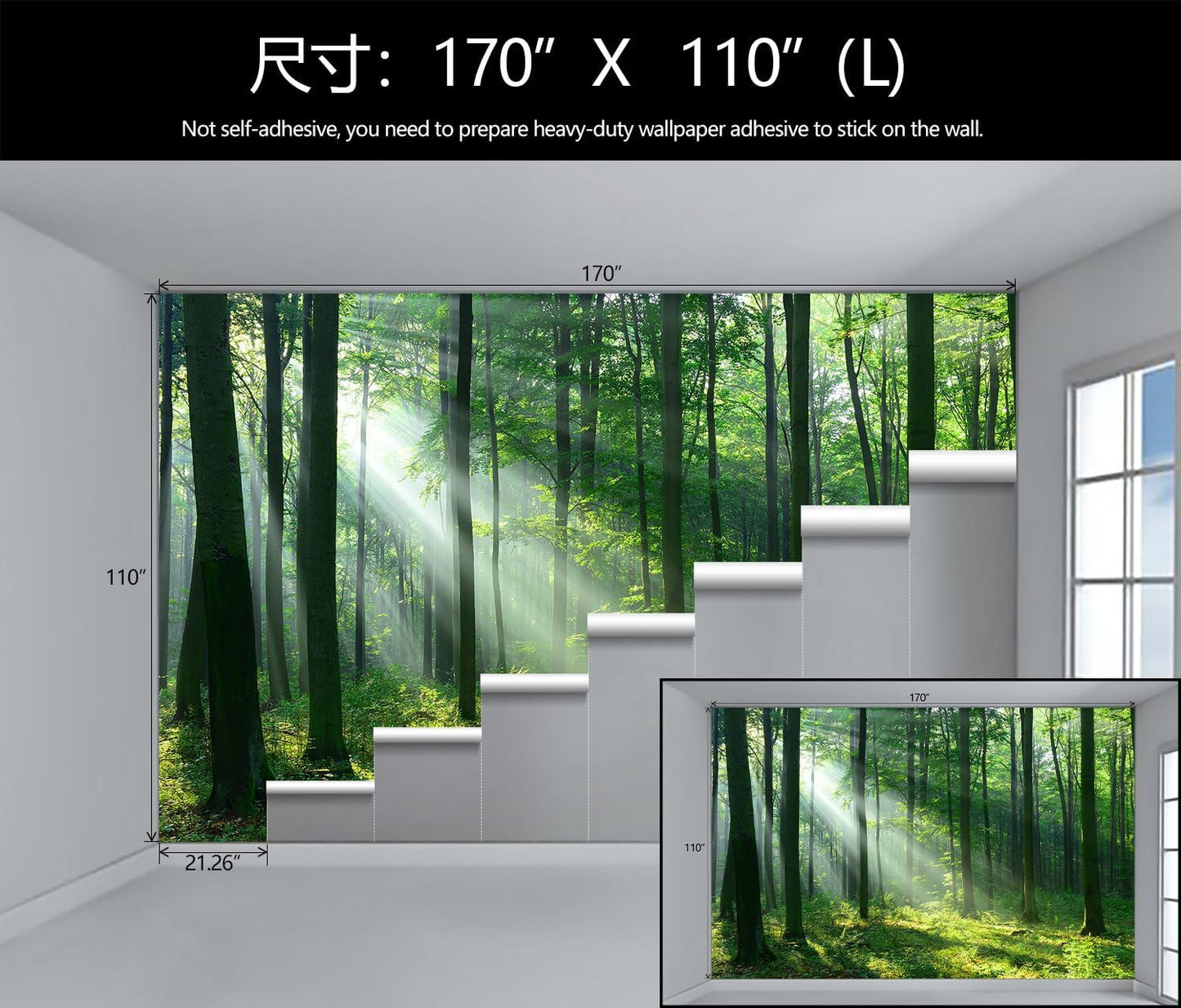 WFBHUA-Green Woodland Wallpaper Mural Foggy Forest Tree Wallpaper Nature Landscape Wall Murals for Bathroom Living Room (Not Peel and Stick)