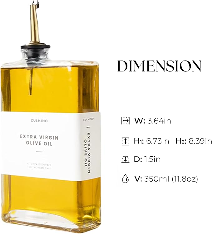 Premium Glass Olive Oil Dispenser Bottle 350ml | Cooking Oil and Vinegar Dispenser | Oil Dispenser for Kitchen with Gold Pourers, Funnel, Brush & 36 Labels (4 Pack)