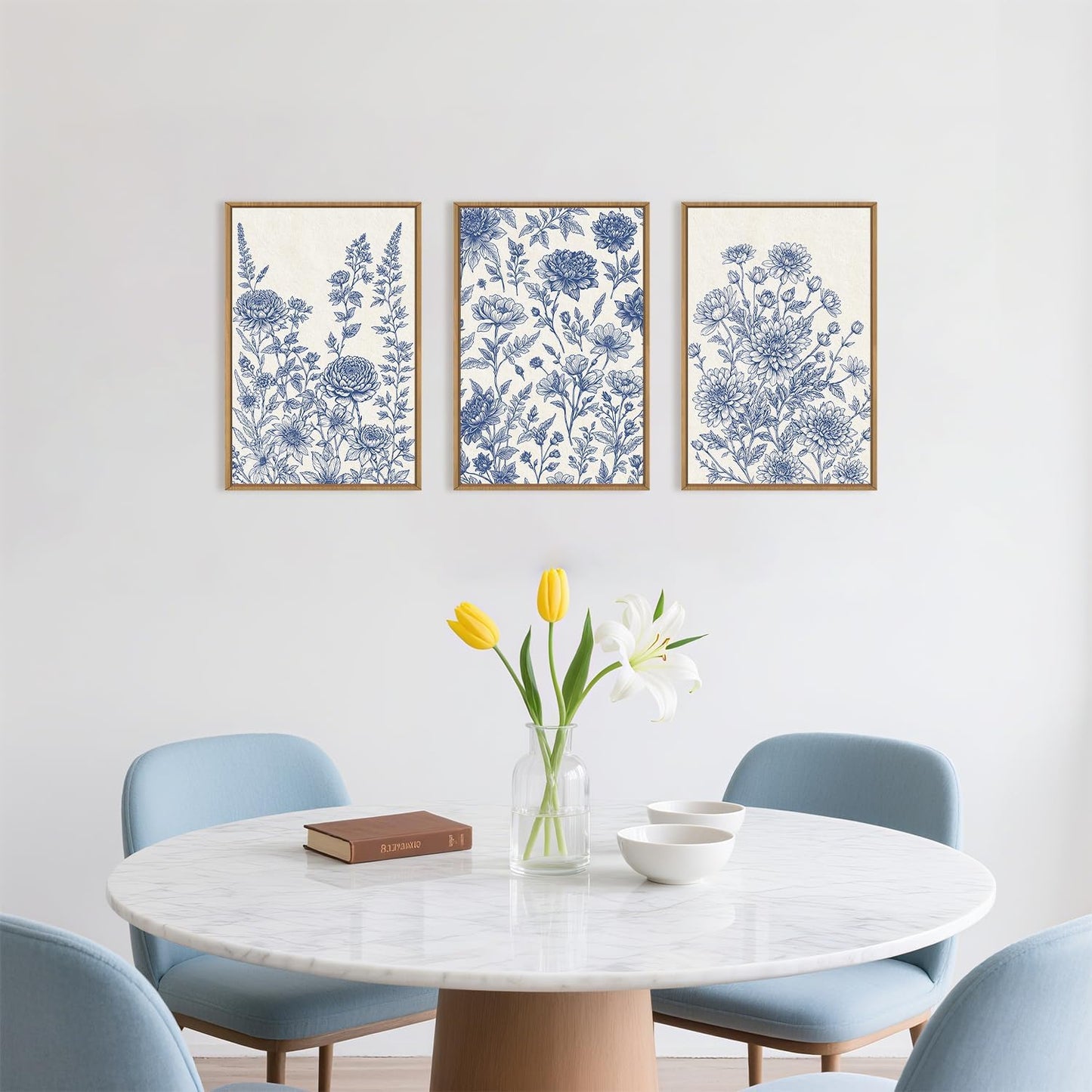 Classic Chinoiserie Floral Framed Canvas Wall Art Set, Blue and White Flower Wall Decor, Navy Watercolor Wall Painting, Minimalist Wildflower Art Print for Living Room, Bedroom - 24"x36"×3