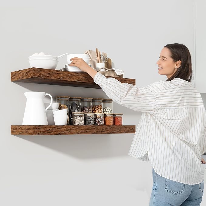 Heimlove 48" Floating Shelves for Wall,10 Deep Rustic Brown Wood Display & Storage Wall Shelves with Heavy Duty Brackets for Bathroom,Bedroom,Kitchen,Living Room,Office