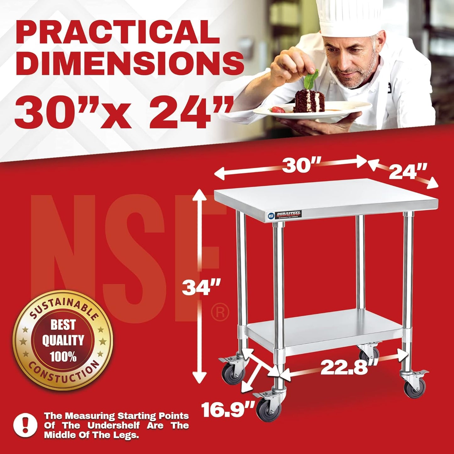 DuraSteel 30x24 NSF Stainless Steel Cart Work Table - Heavy Duty Rolling Food Prep Table - Metal Utility Cart on Wheels Caster, Grill Stand Microwave Outdoor Kitchen Tables Countertop Island Large Top