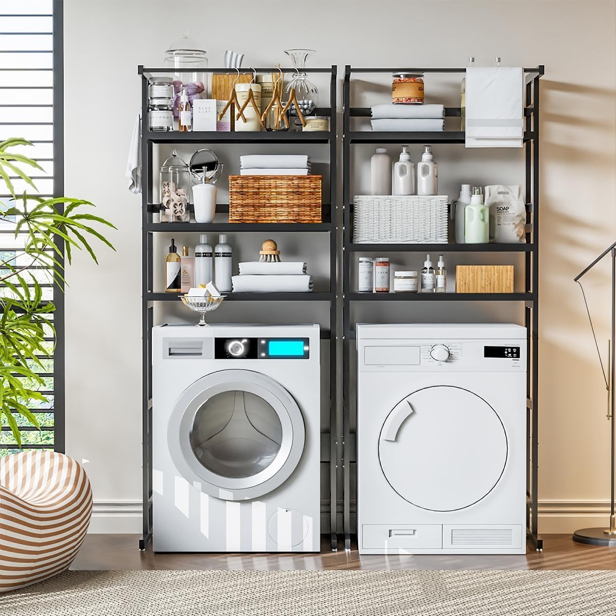 Dryer Storage Shel andf Over The Washer - Adjustable 4-Tier Heavy Duty Laundry Room Organizer, All Carbon Steel Standing Shelf with Hanging Rod, Anti-Tip Design, Super Stable 29.93" L x 11" D x 73" H