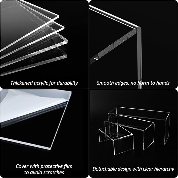 Acrylic Display Risers 6pcs, Clear Rectangular Display Organizer Stands, Acrylic Display for Funko Pop Figure, Desserts, Cupcake, Toys, Collectibles, Merchandises - 7.5''x8''x8.5''x9''x9.5''x10''