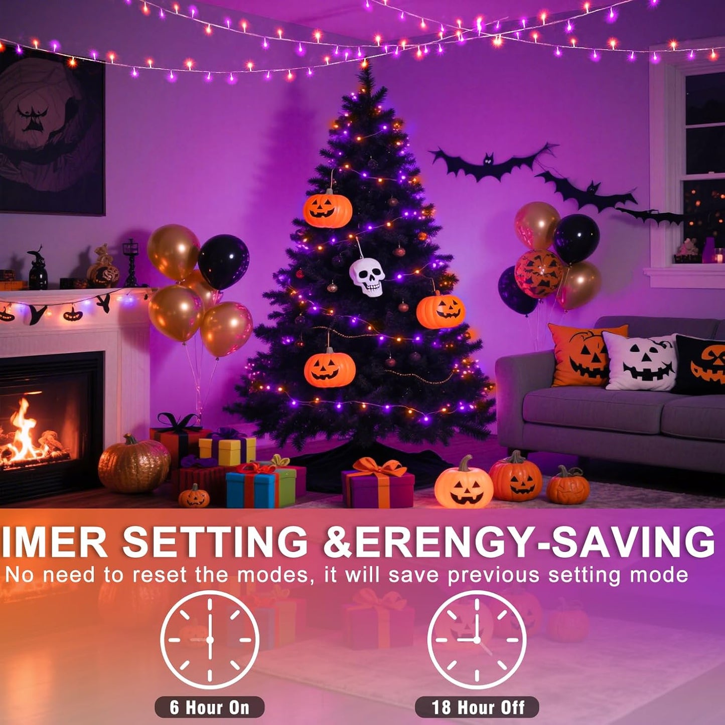 250 LED Orange and Purple Halloween Lights 82 FT Halloween Lights Indoor Outdoor Clear Wire with 8 Modes, Plug in Waterproof Christmas Light for Tree Party Bedroom Thanksgiving Decorations
