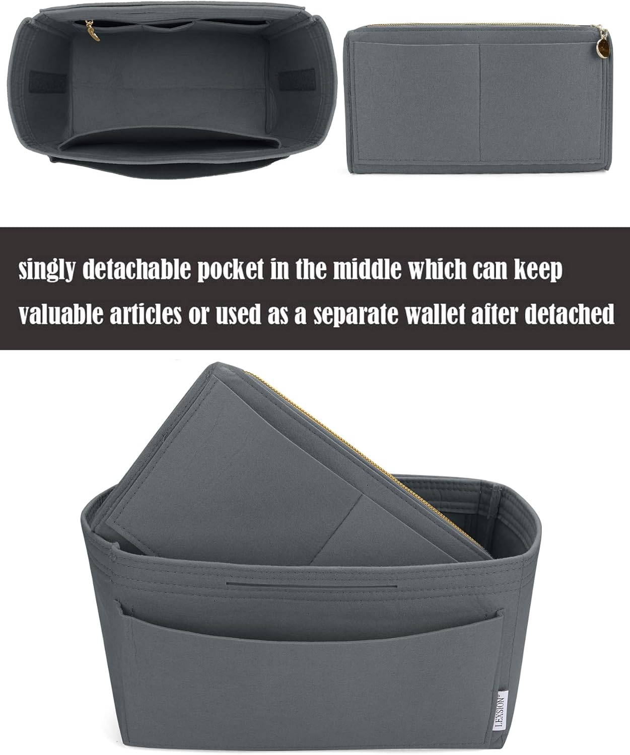 LEXSION Felt Purse Bag Organizer Insert with zipper Bag Tote Shaper Fit Speedy Neverful PM MM