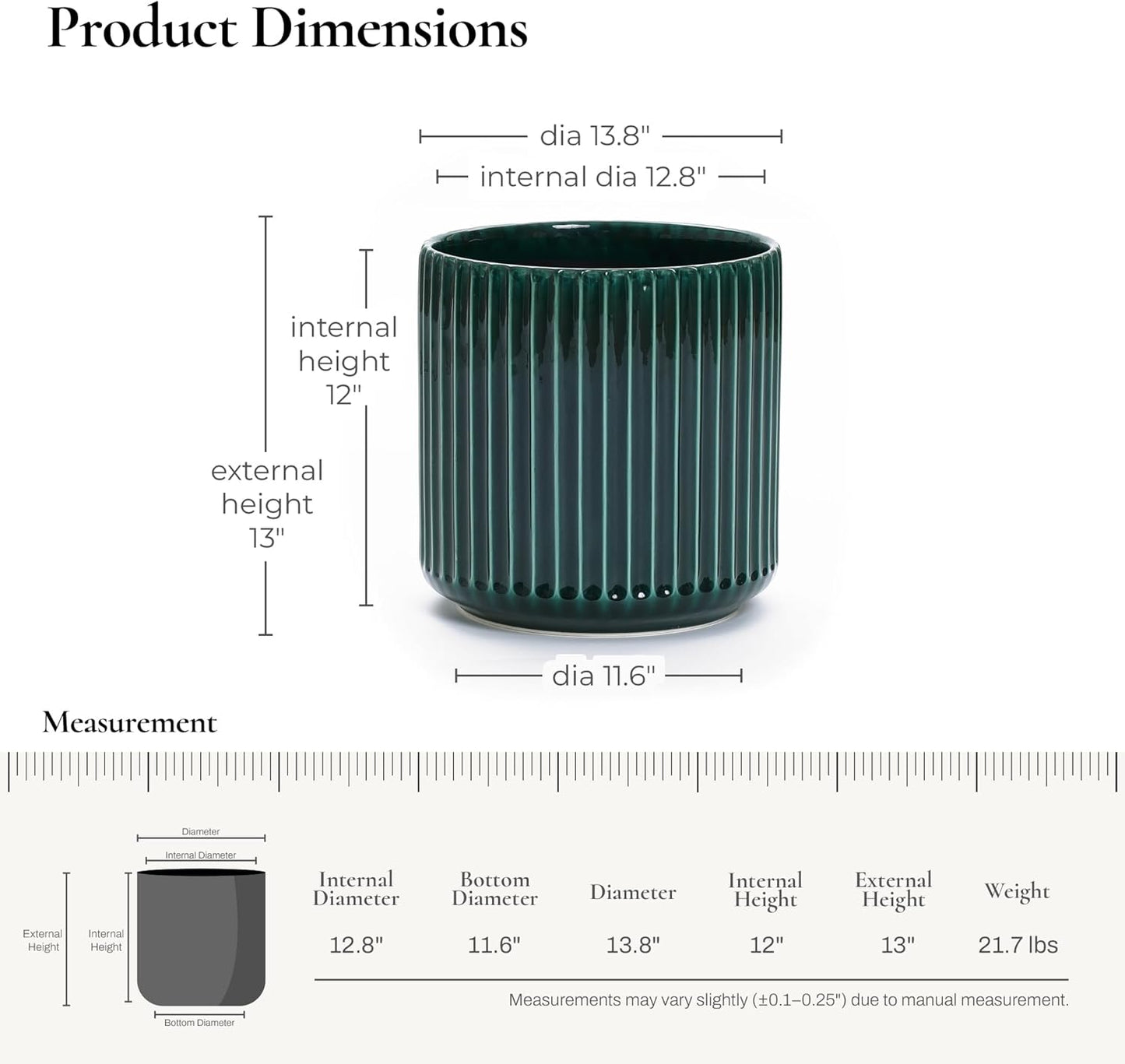 LuxenHome 13.5" Dia Round Ceramic Plant Pots, Large Indoor Outdoor Decorative Planters with Drainage Holes and Rubber Plug, Modern Jade Green Glazed Ribbed Flower Pots Planters for Home Garden Patio