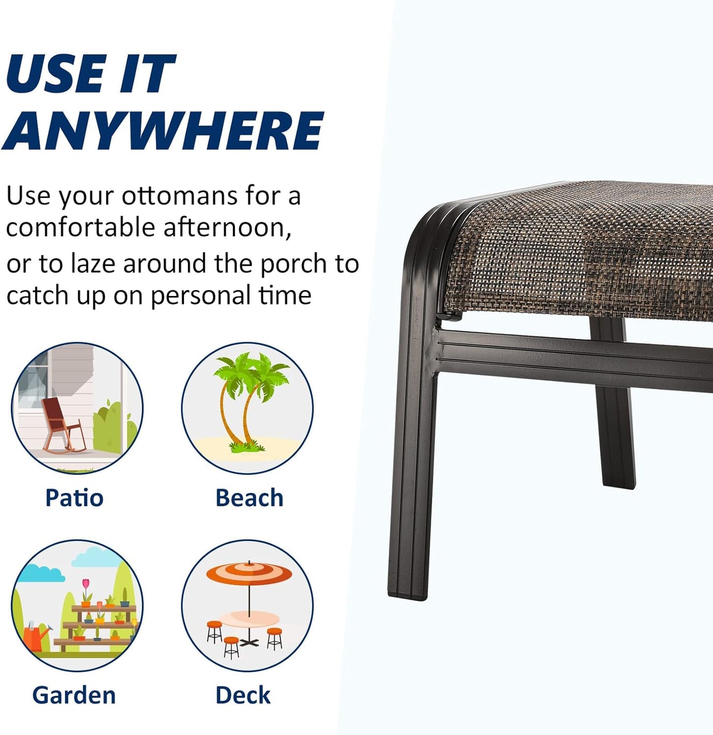 Outdoor Patio Foot Rest Ottoman Seat Textilene Portable Metal Footstool Portable Patio Chairs 2 Set Brown