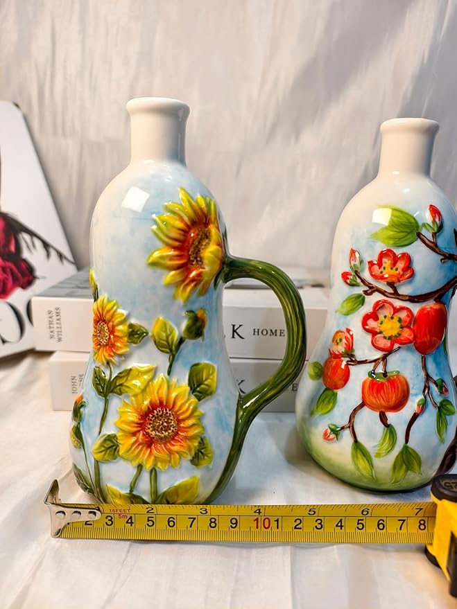 18 Oz Hand Painted Relief Ceramic Olive Oil Bottle Dispenser for Kitchen, Oil and Vinegar Bottle, Seasoning Bottle with Stainless Steel Nozzle, 540mL Oil Container with Handle for Cooking, Light Proof