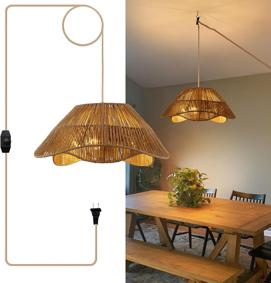 19.68" Plug in Pendant Light, 3-Light Rattan Hanging Lights with Plug in Cord, Boho Plug in Hanging Ceiling Light Fixture with Dimmable Switch, Hand Woven Wicker Hanging Lamp for Dining Room