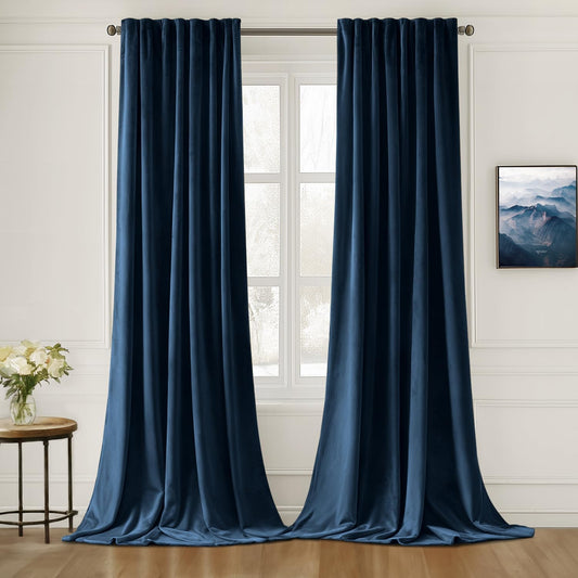 MIULEE Navy Blue Velvet Curtains 108 inches Long 2 Panels - Luxury Pinch Pleated Room Darkening Window Drapes for Bedroom Living Room Thermal Insulated Super Soft Blackout, Back Tab Rod Pocket