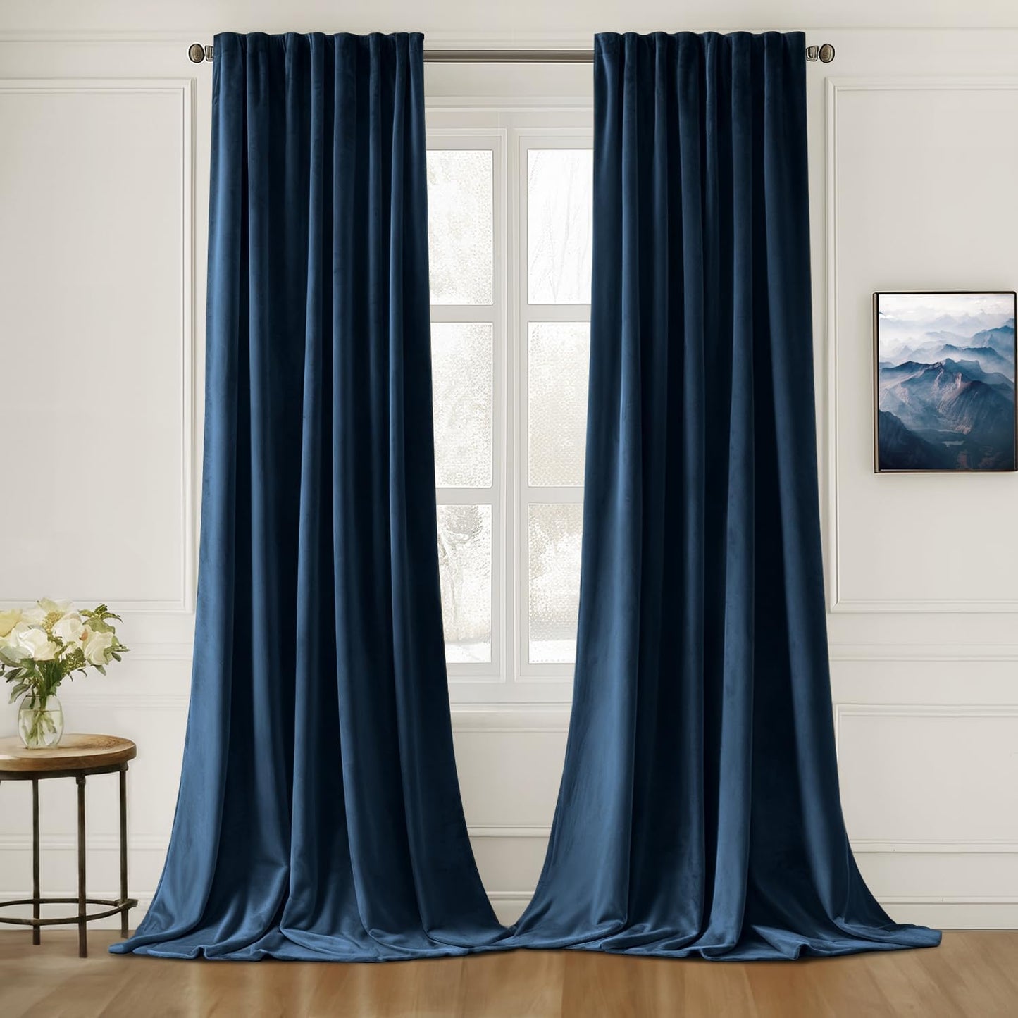 MIULEE Navy Blue Velvet Curtains 90 inches Long 2 Panels - Luxury Pinch Pleated Room Darkening Window Drapes for Bedroom Living Room Thermal Insulated Super Soft Blackout, Back Tab Rod Pocket
