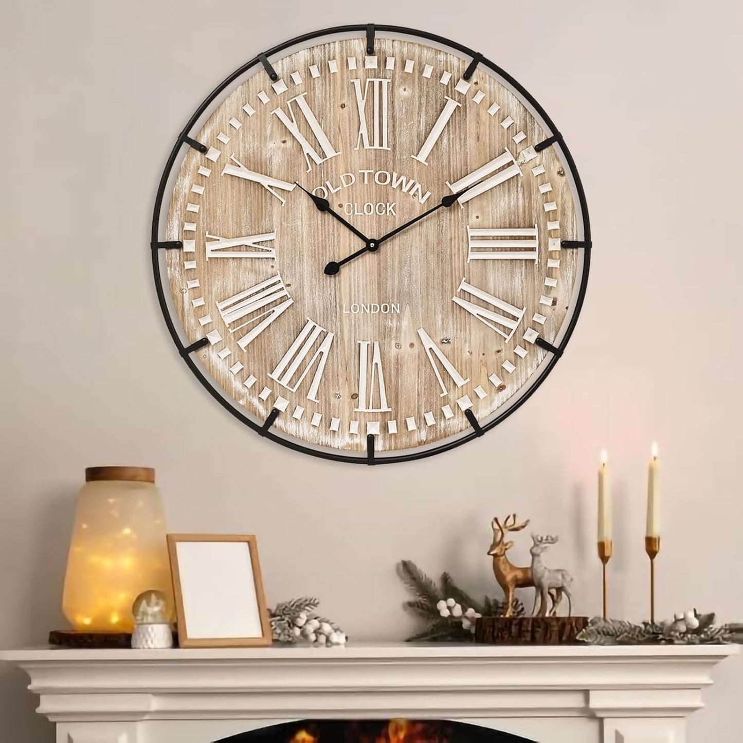 Large Wall Clock –30 Inch Farmhouse Clock -Extra Large 30 Inch Wood and Metal Wall Clock, Silent and Battery Operated for Living Room, Kitchen and Office Decor