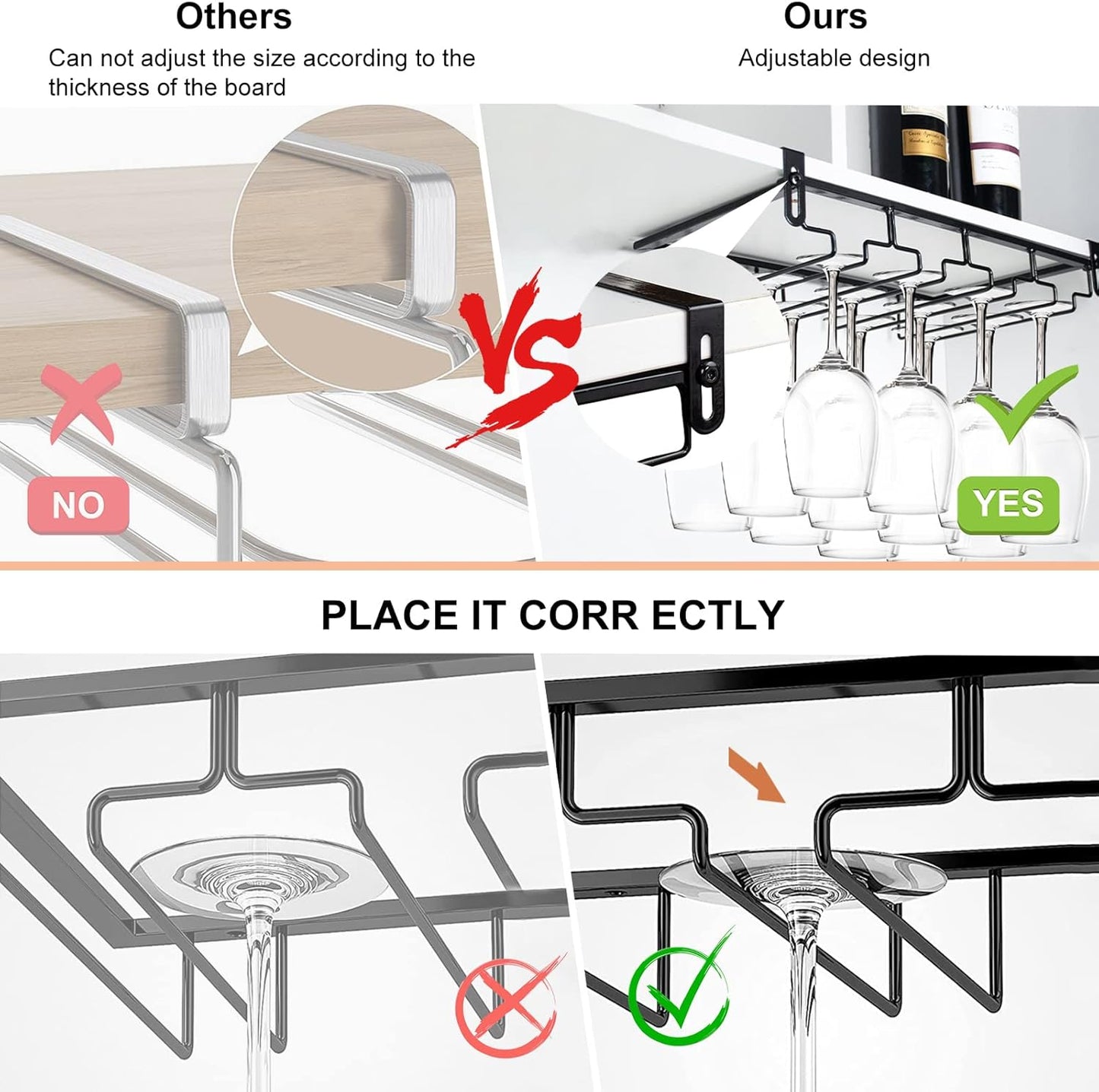 AUHOKY 2Pcs Adjustable Under Cabinet Stemware Metal Glass Holder, Hanging Wine Glass Storage Hanger Organizer for Shelf Kitchen Bar Decor(4 Rows, Black)