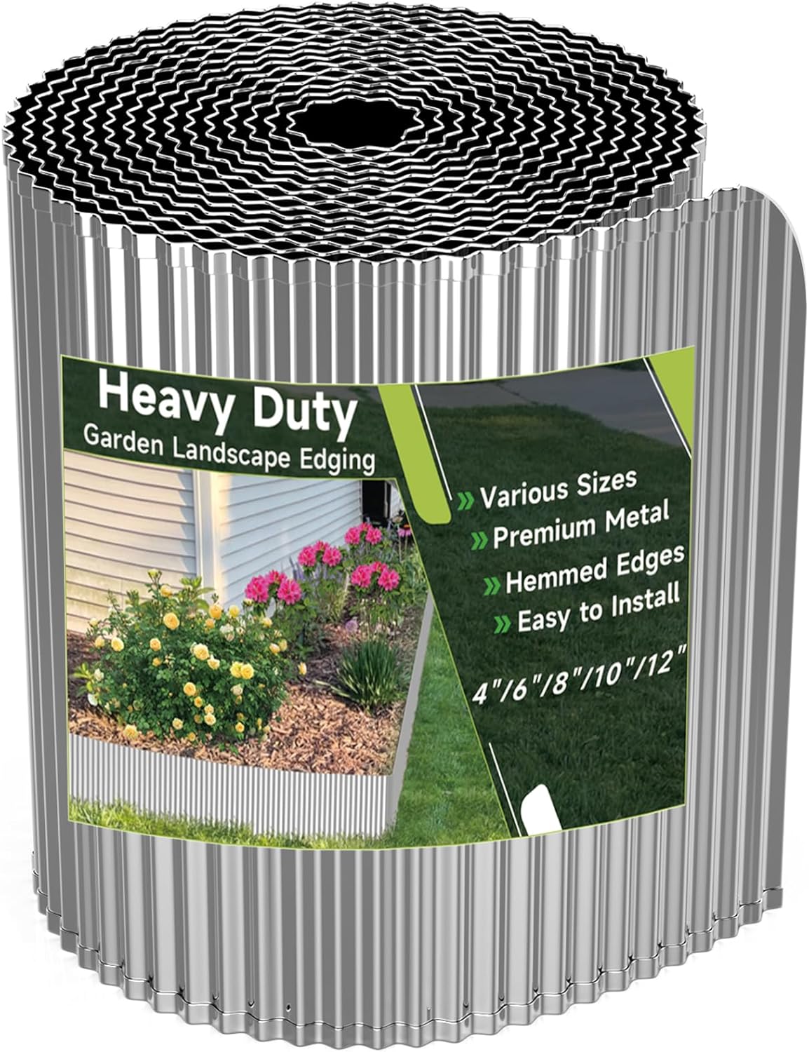 Corrugated Garden Edging, 12"×10Ft Galvanized Steel Landscape Edging & Lawn Edging Border, Metal Garden Border for Flower Beds, Garden，Lawn，Raised Beds & Tree Surrounds (Silver)