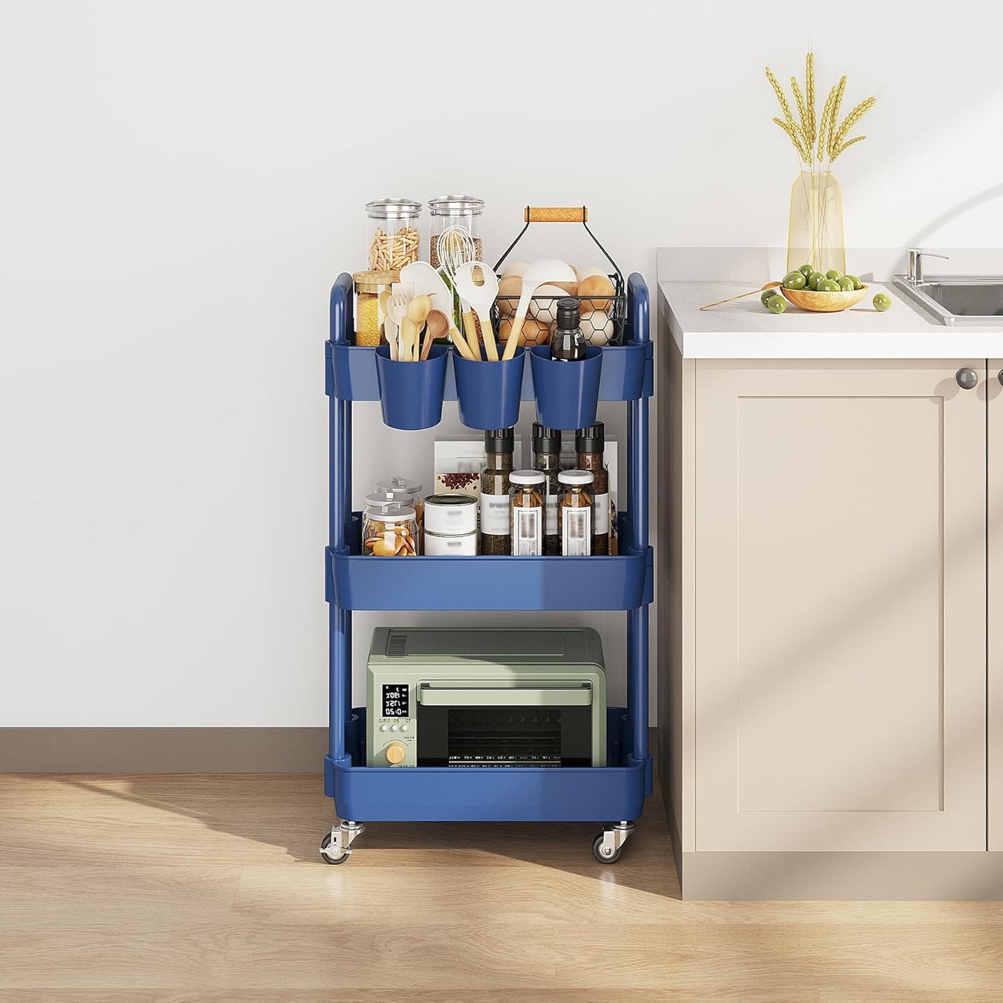 UDEAR 3-Tier Rolling Utility Cart,Multifunctional Storage Shelves with Handle and Lockable Wheels for Room,Office,Kitchen,Bathroom,with 3 Hanging Cups,Blue