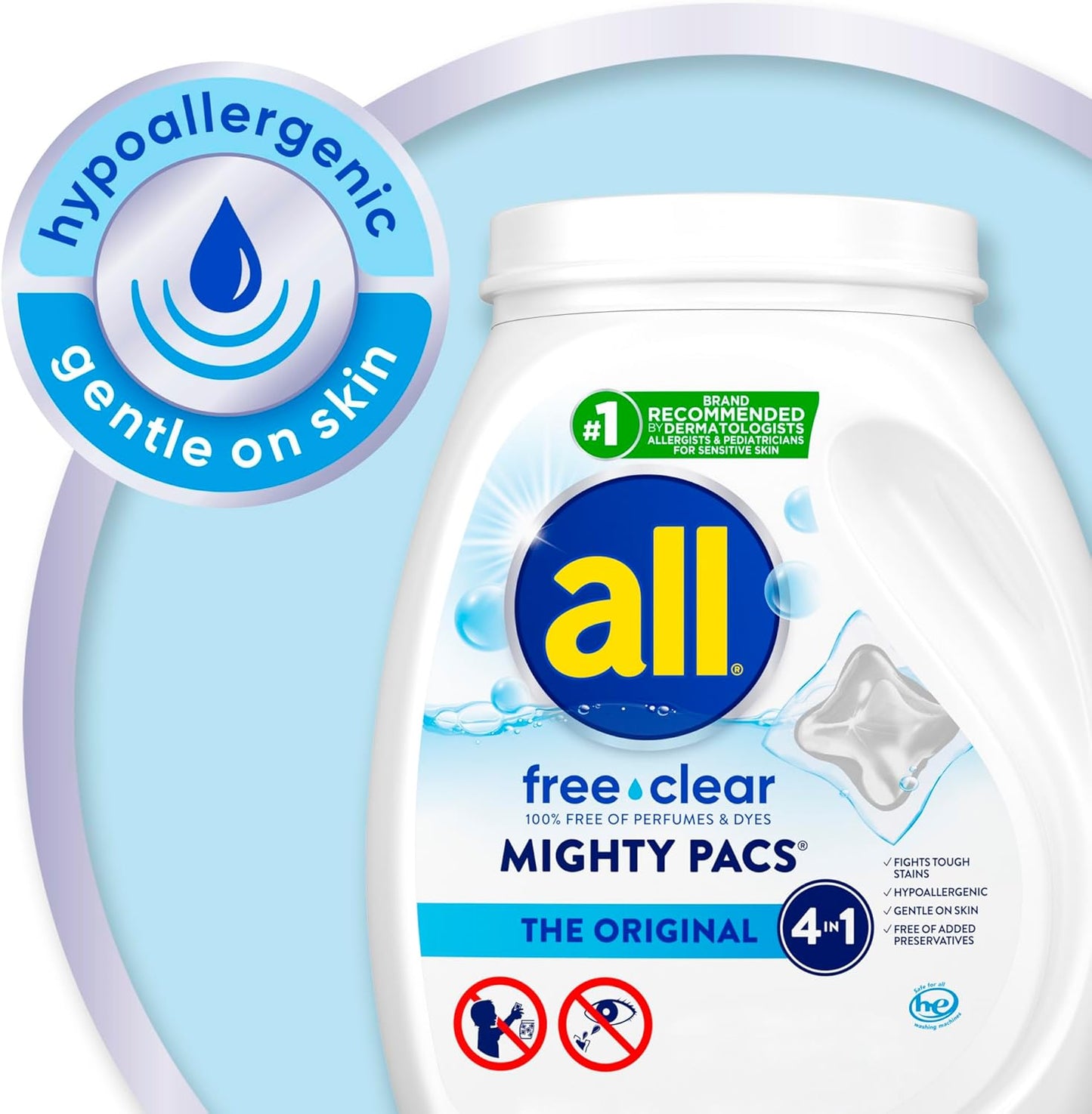 all free clear, Original, MIGHTY PACS Laundry Detergent Pacs for Sensitive Skin, Unscented and Hypoallergenic, 66 Count (Pack of 2)