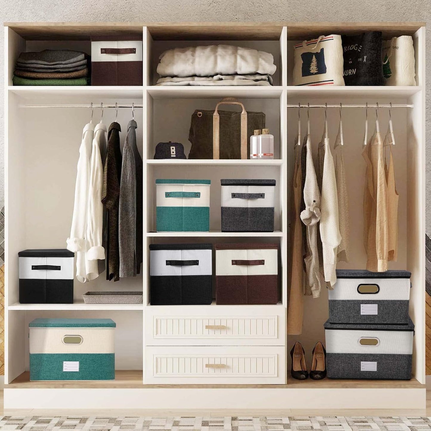 Large Linen Fabric Foldable Storage Bins with Removable Lid and Handles, Washable Storage Box Organizer Containers Baskets Cube with Cover for Bedroom,Closet,Office (Turquoise&Cream, Large)