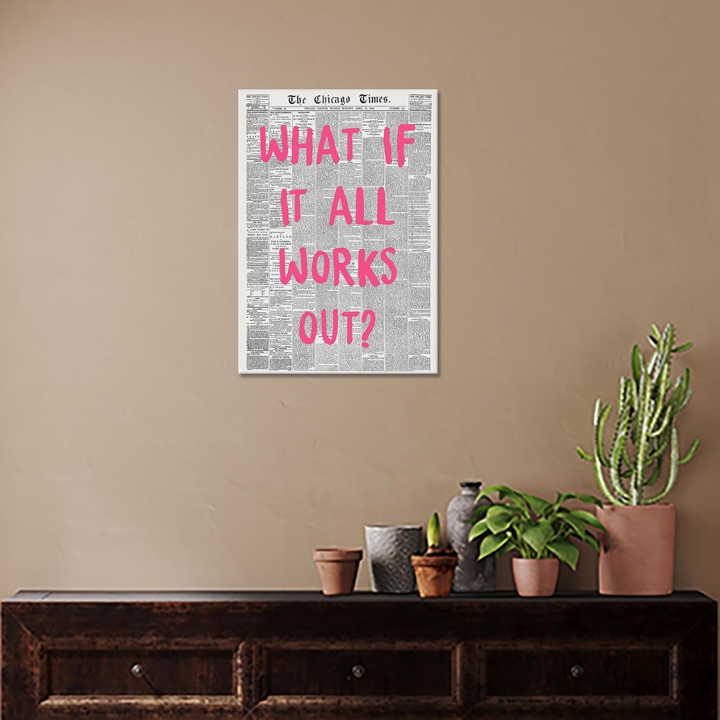 Liyark Retro Trendy Newspaper Canvas Wall Art 'What If All Works Out' Poster - Positive Affirmation Quote - Pink Font - Minimalist Home Decor - Framed 12x16in