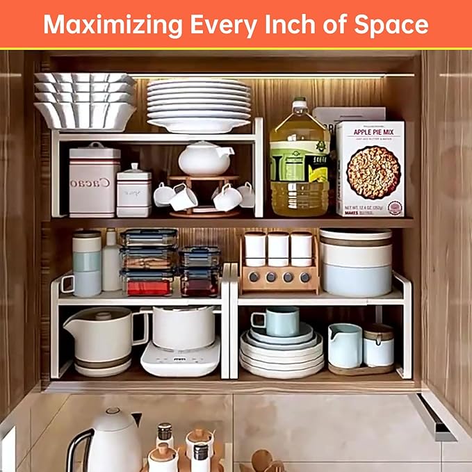 Cabinet Shelves Organizer for Kitchen 11", Expandable Shelf with Adjustable Length, Metal Countertop Organizer, Fits Pantry, Over the Sink, Spices, Microwave & Dishes Storage, White (2 Pack)