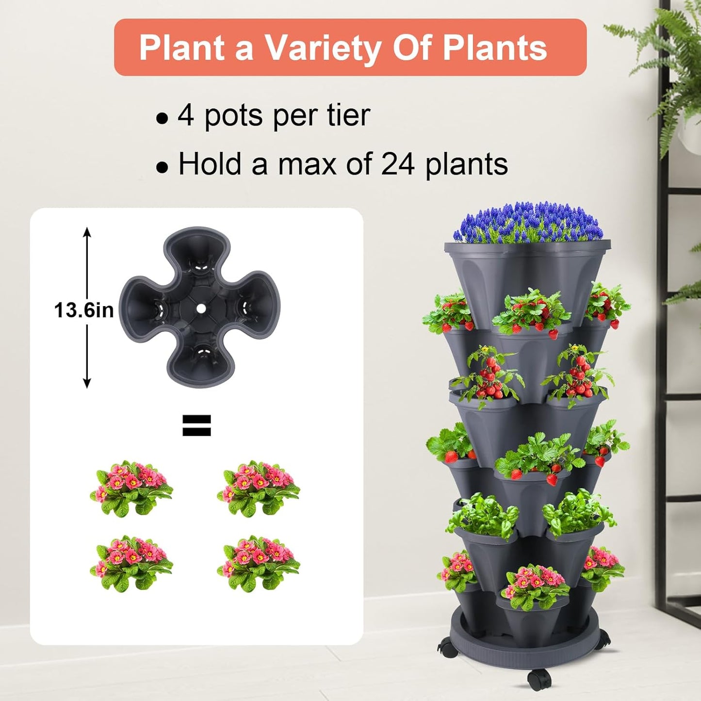 DUNCHATY Stackable Planter, Vertical Garden Planter with Wheels and Tools, Self Watering Strawberry Planter Indoor/Outdoor 6 Tier Herb Planter Pots for Growing Vegetables and Succulents, Dark Gray