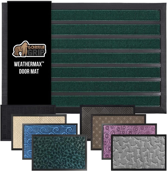 GORILLA GRIP 100% Waterproof All-Season WeatherMax Doormat US Designed Natural Rubber, Stain and Fade Resistant, Low Profile Indoor Outdoor Door Mats, Easy Clean Patio Mat, 23x35, Green Stripe
