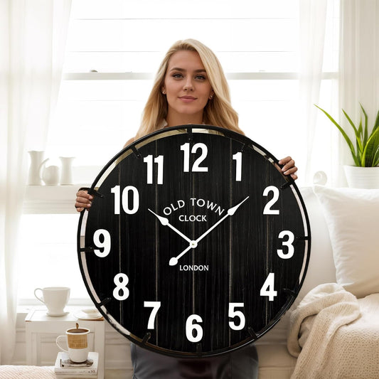 Farmhouse Black 24 Inch Wooden Large Wall Clock, Silent Non-Ticking Quartz Movement, Battery Operated Modern Rustic Clock for Living Room, Kitchen, Office, Home Decor