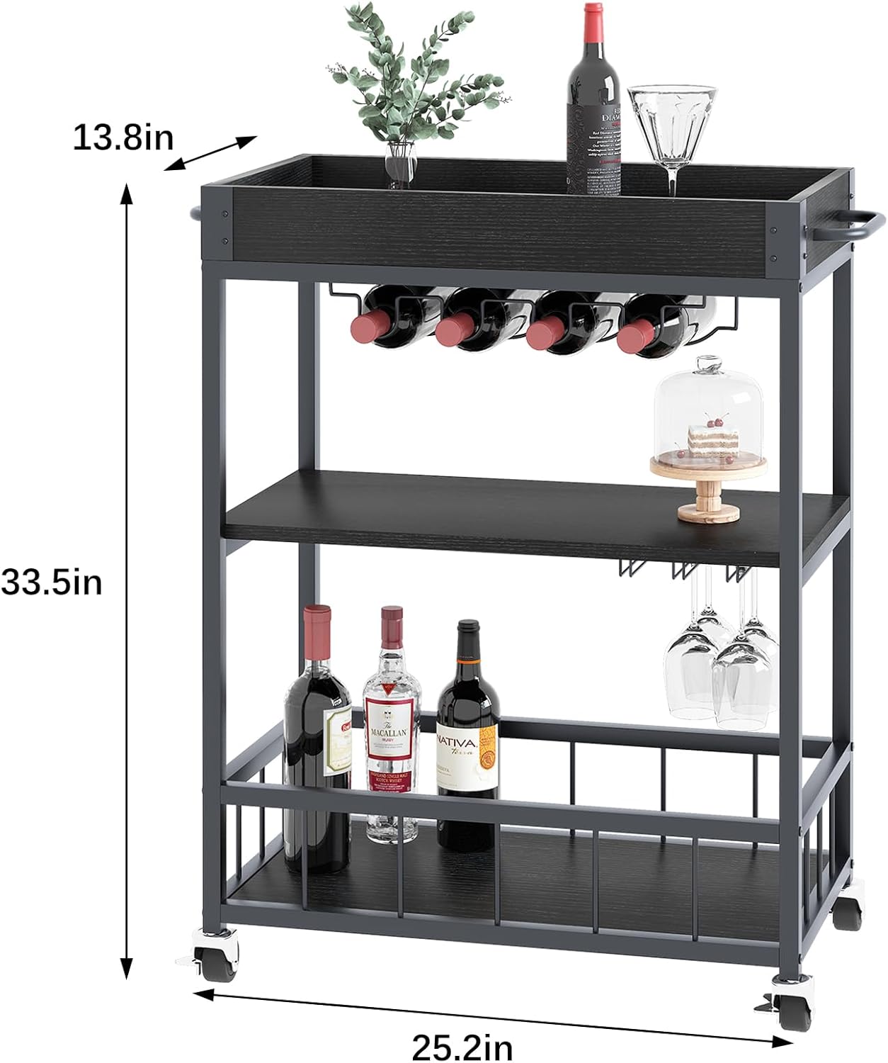 Bar Cart Serving Wine 3 Tier Home Rolling Rack with Wheels Mobile Kitchen Industrial Vintage Style Wood Metal Serving Trolley Serving Cart, Drink Cart for Living Room Kitchen