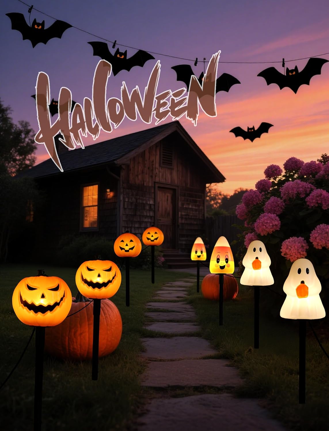 Classic Ghost Halloween Pathway Lights (5-Pack) - Electric Outdoor Decorations with Warm C7 Bulbs, UL Listed Corded Yard Stakes for a Whimsical, Nostalgic Walkway & Lawn Display