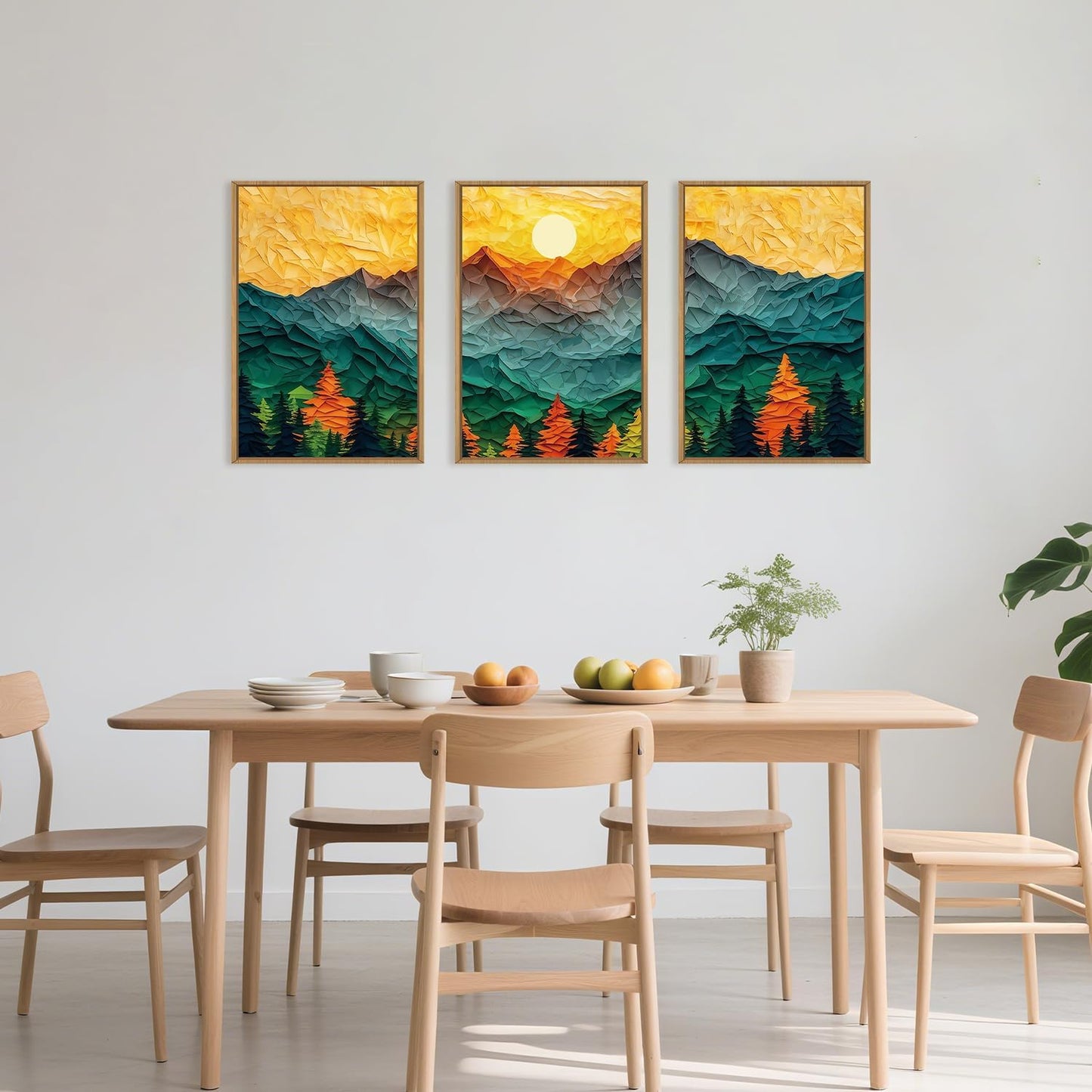 Celestdeco Abstract Mountain Framed Canvas Wall Art Set, Forest Pine Tree Golden Sunset Wall Decor, Mixed Patchwork Landscape Art Print for Living Room, Bedroom, Dining Room, Office - 24"x36"x3