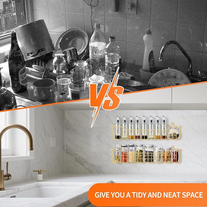 Spice Rack, 4-Pack Seasoning Organizer Wall Mount for Kitchen Storage Organization, Spice Holder Shelf Saving Space for Cabinet, RV, Pantry, Gold