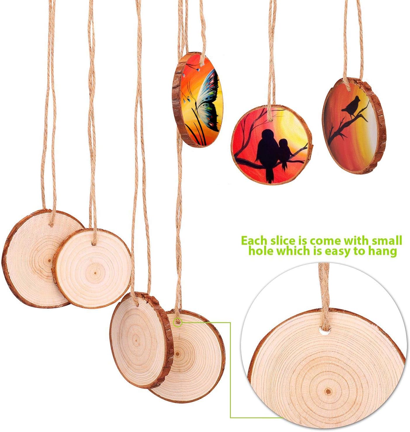 Fuyit Natural Wood Slices, 30 Pcs 3.5-4 Inch Unfinished Predrilled Wooden Circles Tree Slice with Hole & Barks for DIY Arts Craft Christmas Ornaments