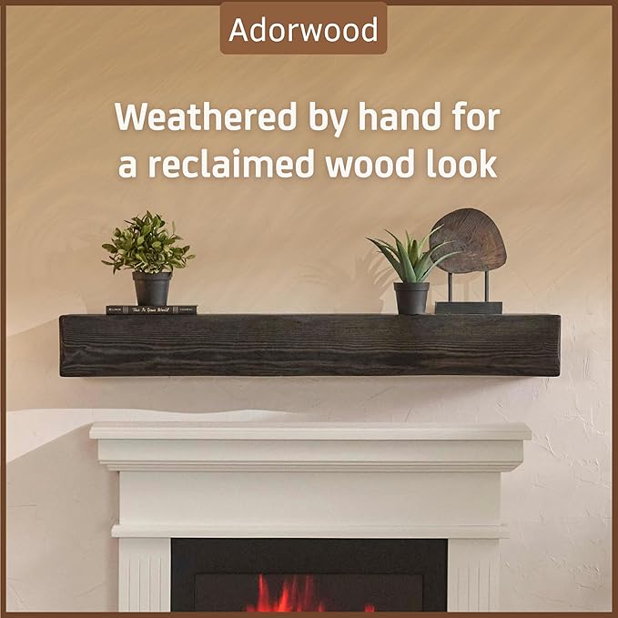 Handmade Fireplace Mantel Shelf 60", Extra Wide Rustic Wood Mantles for Over Fireplace, Wall Mounted Floating Mantel Shelves for Living Room Decor (Ebony, 60Lx6Hx8D)