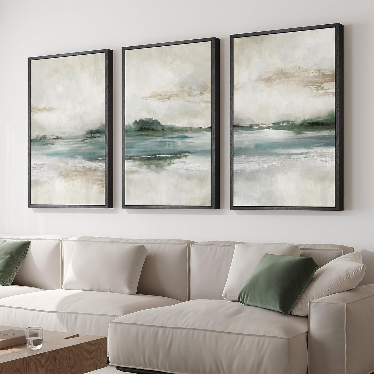 Large Framed Abstract Nature Landscape Wall Art for Living Room, Set of 3 Modern Canvas Prints Paintings Artwork for Walls, Green Lake Pictures for Hallway, Dining Room, Office Wall Decor 24x36 Inch