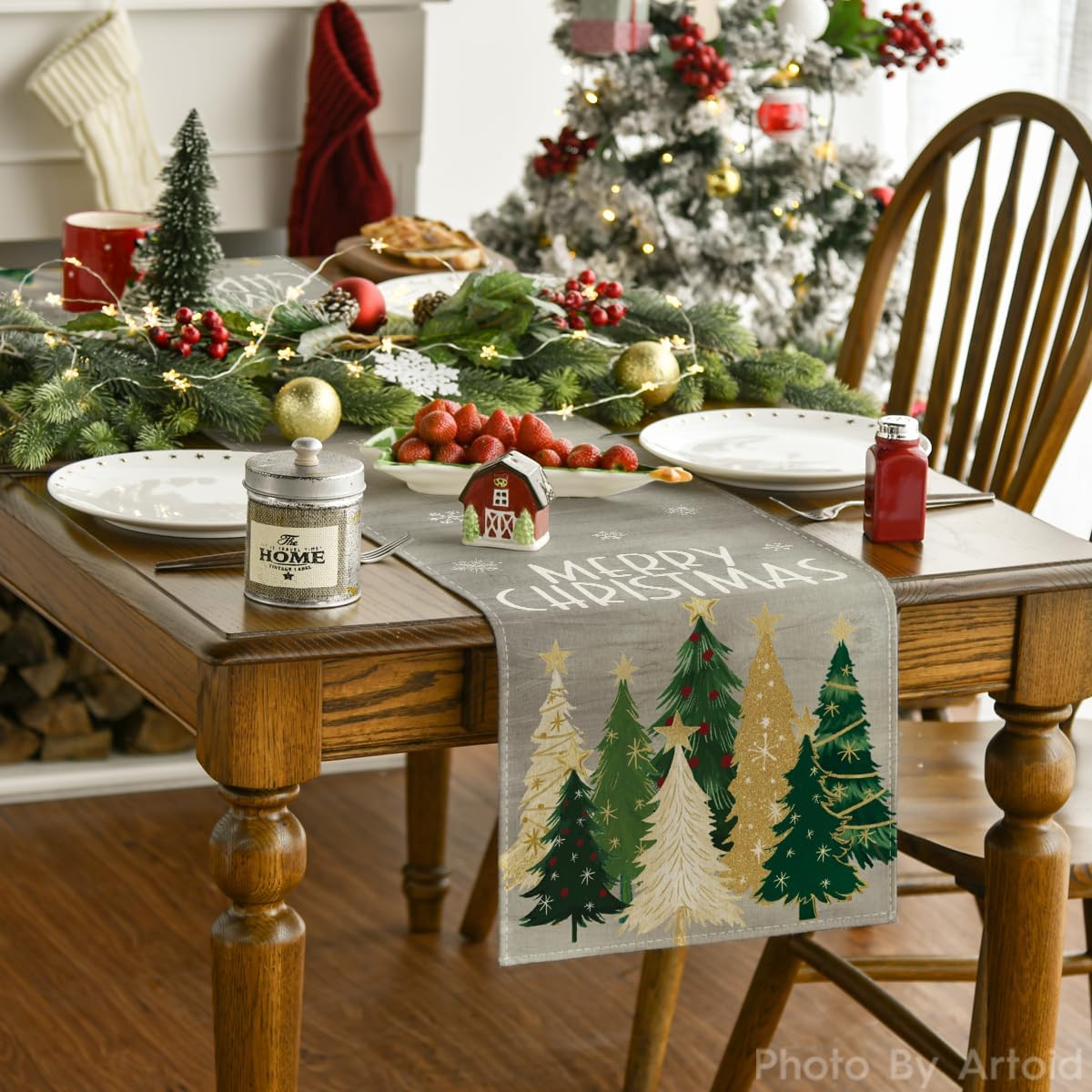 Artoid Mode Xmas Trees Snowflakes Gray Merry Christmas Table Runner, Winter Seasonal Kitchen Dining Table Decoration for Home Party Decor 13x72 Inch
