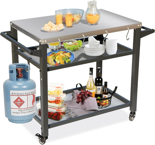 Domi 3-Shelf Outdoor Grill Table, Grill Cart with Wheels, Outdoor Pizza Oven and Food Prep Table, Blackstone with Stainless Steel Tabletop, BBQ Stand for Blackstone Griddle for Outside BBQ