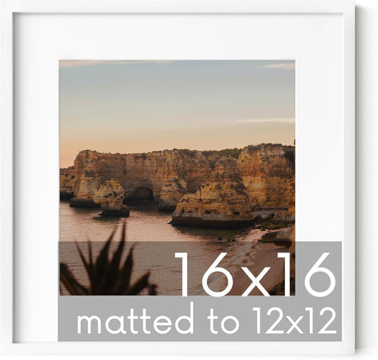 HAUS AND HUES 16x16 White Metal Picture Frame Matted to 12x12 - Features Premium Aluminum & Hanging Hardware, Shatterproof Plexiglass - Ideal for Home, Room, Office (16x16 in, White, Set of 1)