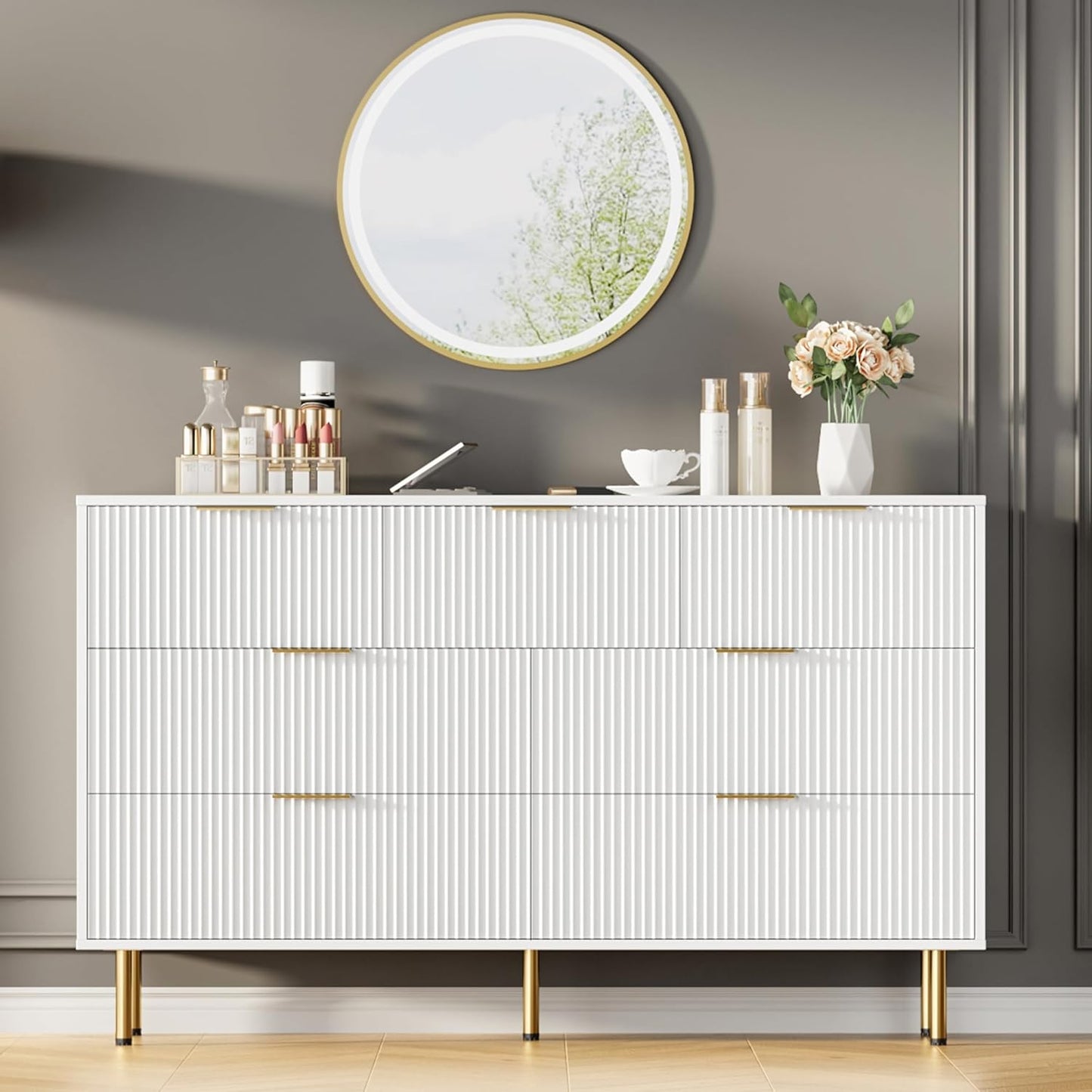 GarveeHome 7 Drawers Dresser for Bedroom, Fluted Chest of Drawers with Gold Handle, Wood Modern Dresser for Closet, Bedroom Furniture Storage Organizer for Living Room, Hallway, White