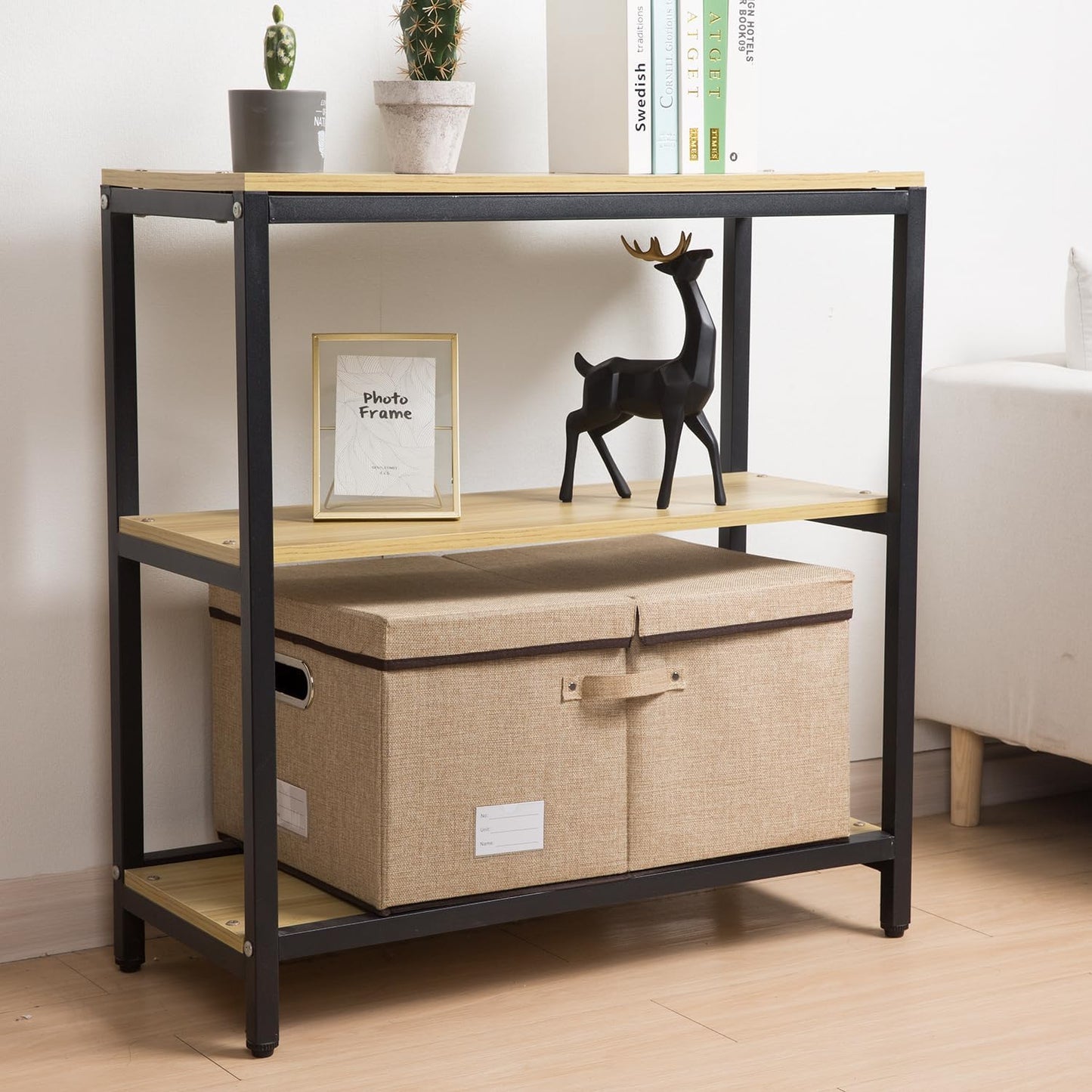 PRANDOM Storage Bins with Lids [3-Pack] Jute Fabric Foldable Storage Boxes Organizer Containers Baskets Cube with Cover for Home Bedroom Closet Office Nursery khaki（23.4X15.9X11.5