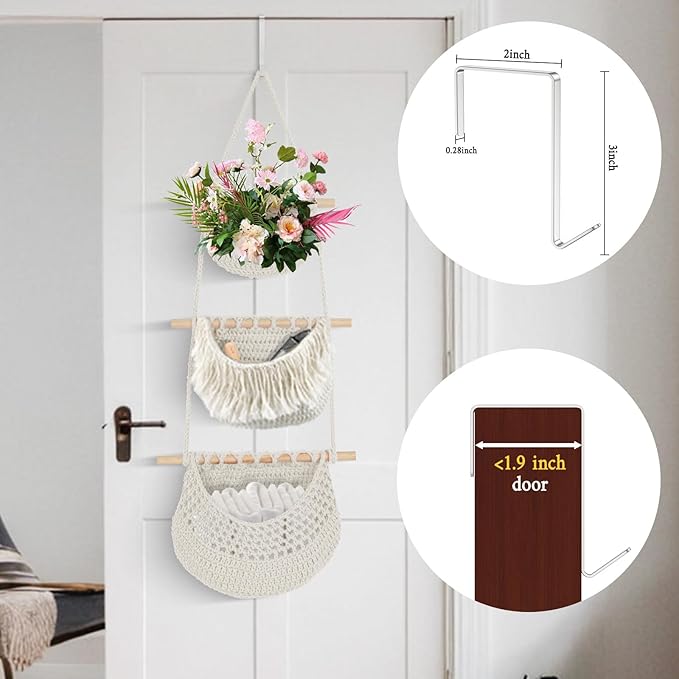 Hanging Baskets for Organizing, 3 Tier Detachable Wall Hanging Fruit Basket Over the Door Organizer for Fruit Vegetable Plant, Beige Boho Cotton Crocheted Fruit Holder for Kitchen Bathroom Bedroom