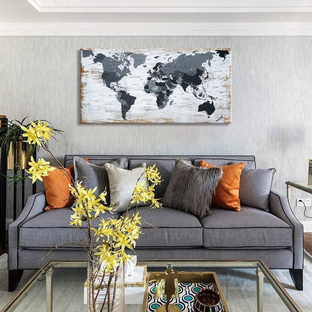 lagre size 36inchx71inch world map Canvas Wall Art Black Wall Decor Office Map of the world Pictures for Living Room Decoration Map Picture Framed Artwork for Home Bedroom Decoration