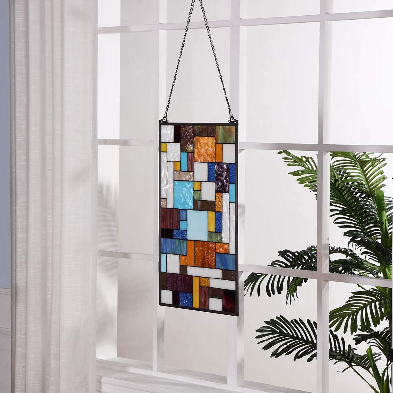 Bieye Geometric Color Block Tiffany Style Stained Glass Window Panel with Hanging Chain (13x24 inches W10024)
