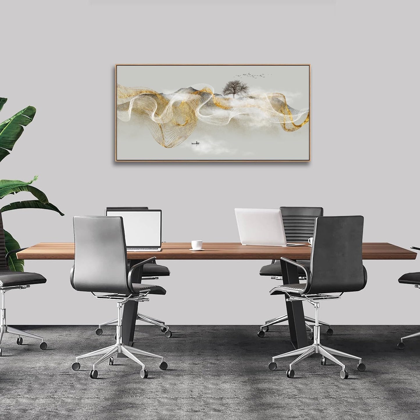 HUADAOART Wall Art Modern Zen Light Luxury Natural Landscape with Golden and White lines Background Wall Decor Canvas Prints for Living Room Bedroom 20x40 Inches (Framed)