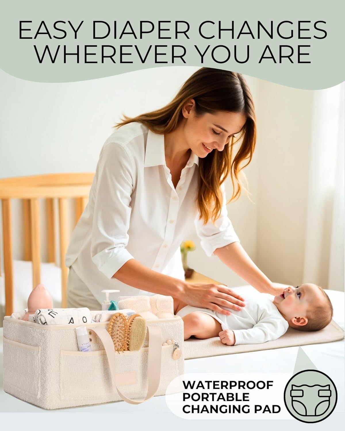 Baby Diaper Caddy Organizer with Portable Changing Mat - Teddy Fleece Diaper Organizer for Changing Table - Basket for Changing Essentials - Baby Essentials Organizer with Removable Dividers