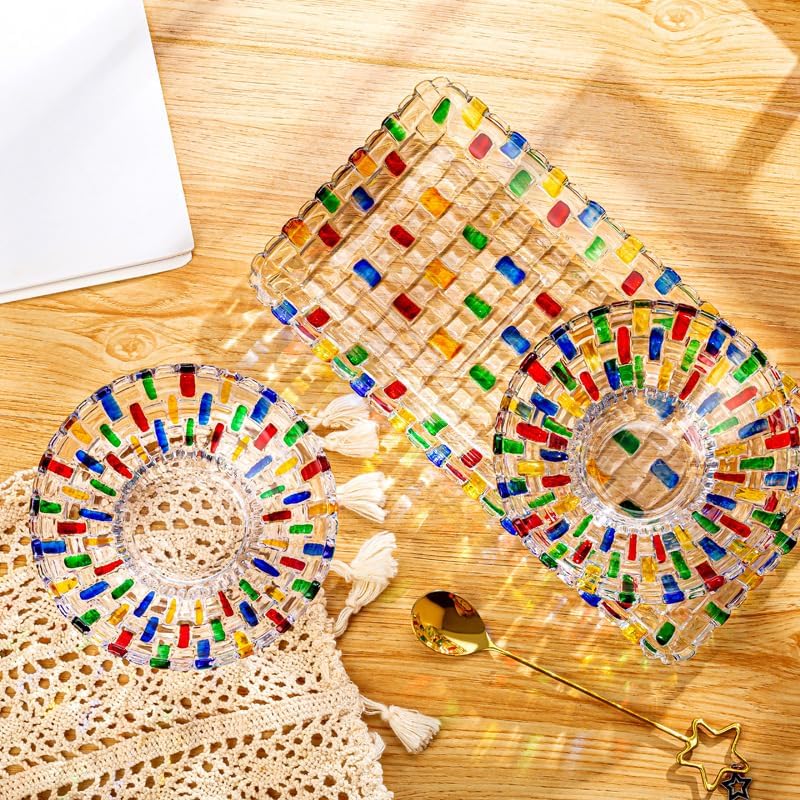 Colorful Woven Glass Decorative Crystal Bowls Sets, Hand Painted Glass Bowls and Tray Sets for Home Decor, Centerpiece for Snack, Dessert