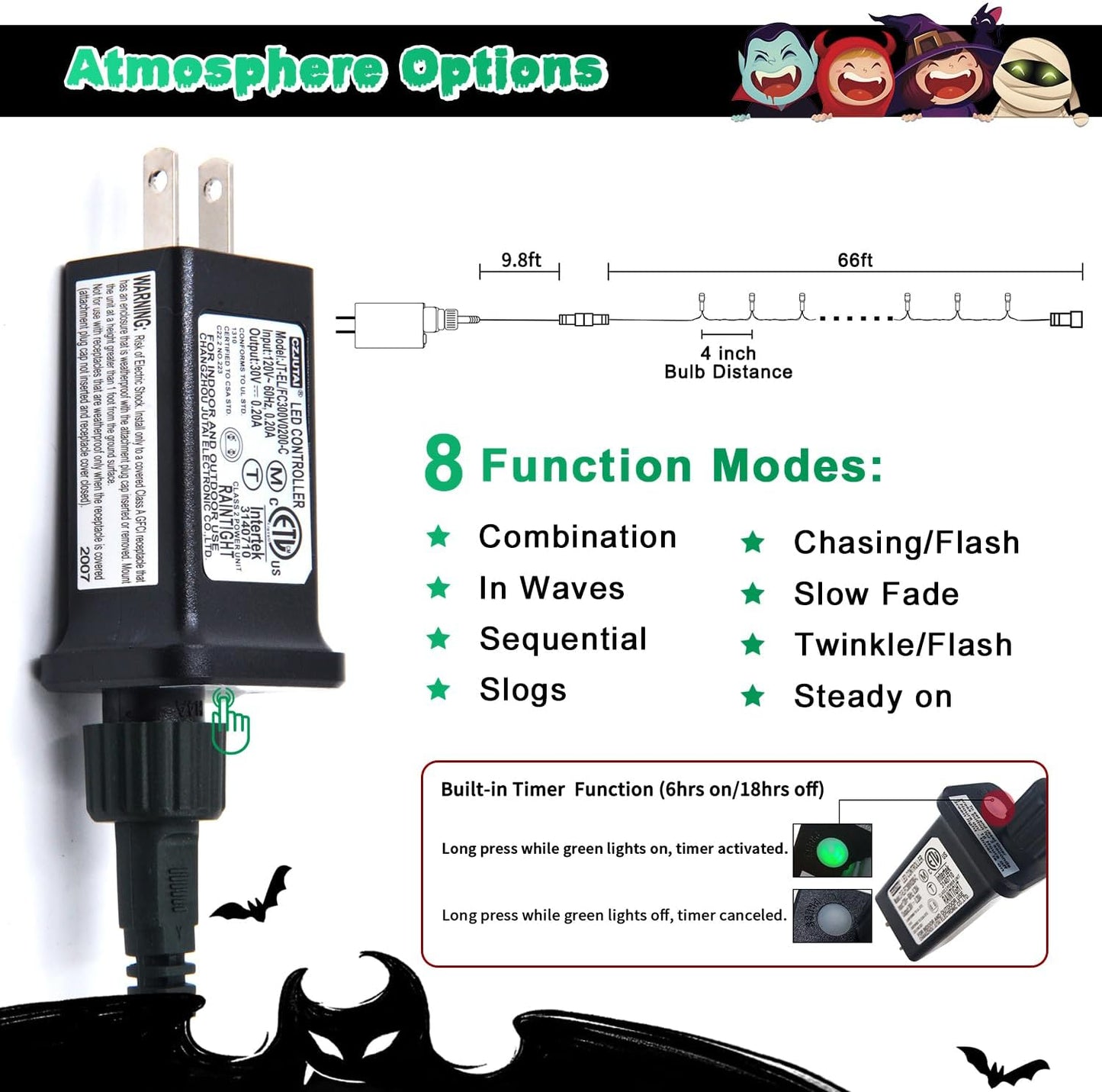 JMEXSUSS 200 LED Halloween Lights Outdoor, 66ft Connectable Green String Lights Plug in, 8 Modes Waterproof Green Christmas Lights for Outside, Indoor, Yard, St Patrick's Day, Xmas, Halloween Decor