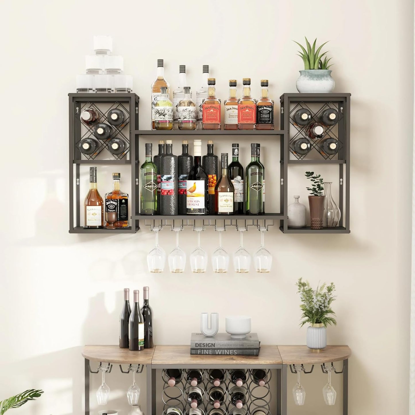 Wall Mounted Wine Rack with Glass Holder,Metal Floating Bar Liquor Shelves 2 Tier,Wine Glass Rack Multi Functional Wine Storage Display Rack for Home Bar Dining Room Kitchen